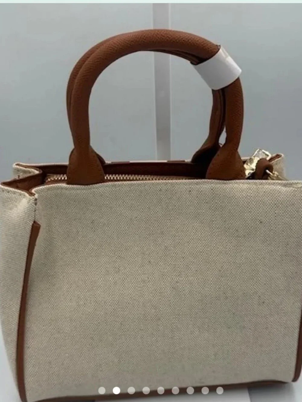 bebe Paisley Mini Canvas Satchel Crossbody Caramel/Cream & Tan with Tan Trim